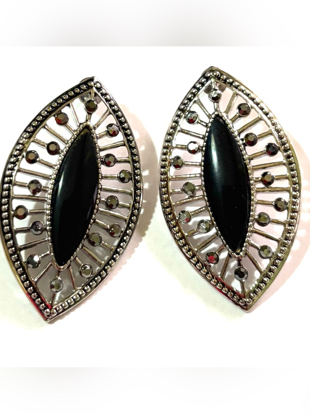 Vintage Black and Silver Marquise Filigree Earrings - Vintage